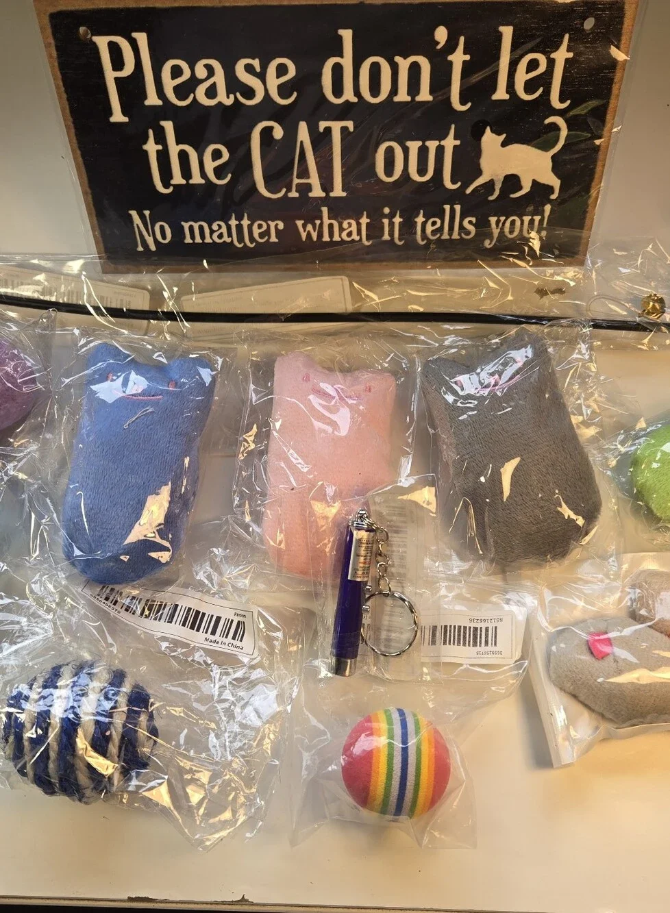 Please Don't Let the Cat Out, No Matter What it Says' Plaque and Cat Toys Bundle